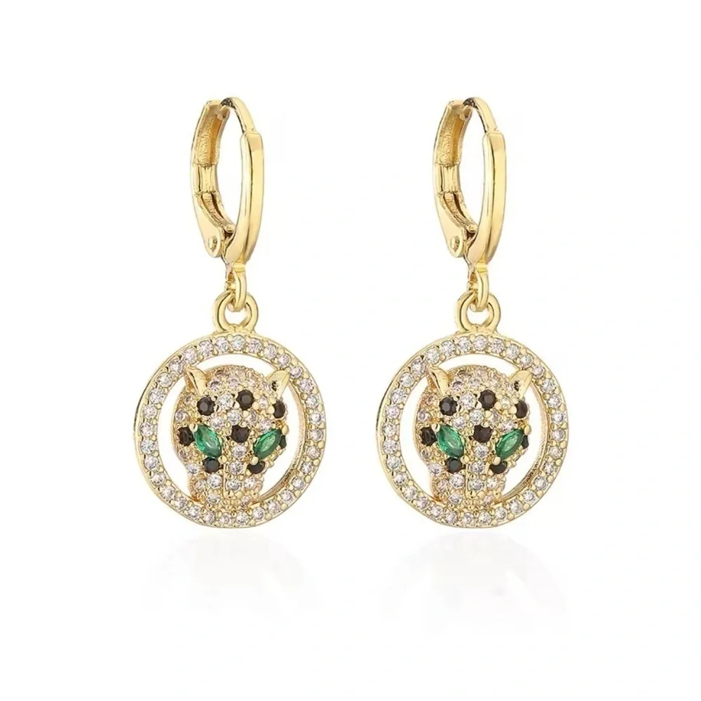 18K Gold Pavé Diamond Panther Designer Inspired Huggie Hoop Dangle Drop Earrings